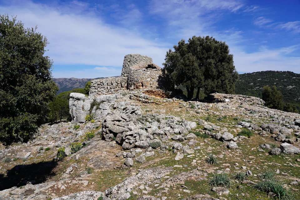 Rovine di un nuraghe tra ulivi e roccia, in una campagna sarda